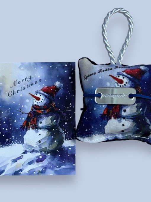 Χριστουγεννιάτικο Μαξιλαράκι "Blue Snowman" με Βραχιολάκι και ευχετήρια κάρτα! - Image 2