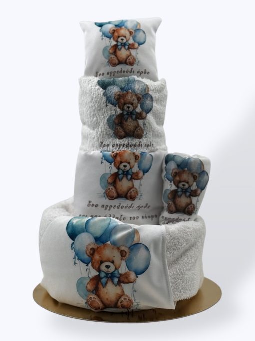 Τούρτα από Πάνες Teddy Bear Blue Balloons (Gold) - Δώρο για Νεογέννητο Αγόρι - Image 2