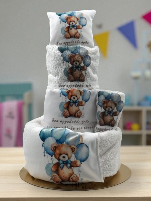 Τούρτα από Πάνες Teddy Bear Blue Balloons (Gold) - Δώρο για Νεογέννητο Αγόρι - Image 3