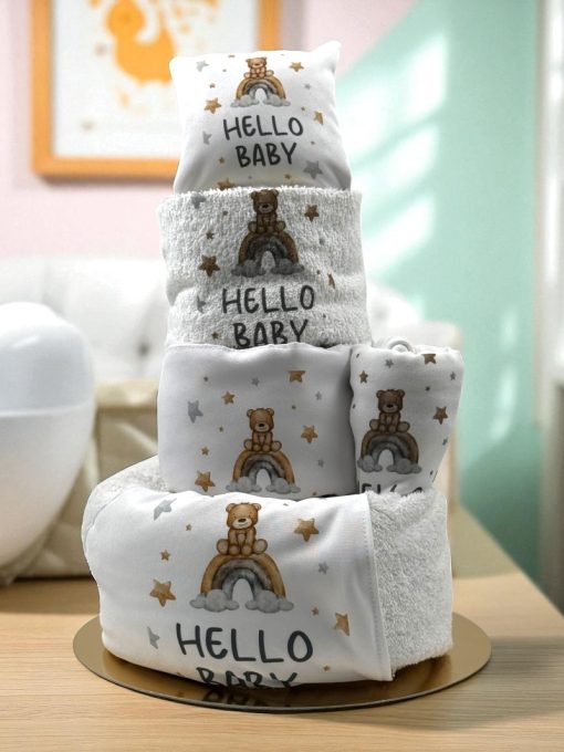 Τούρτα από Πάνες "Hello Baby Teddy" – Σετ Δώρου με Προίκα Μωρού (Gold) - Image 3